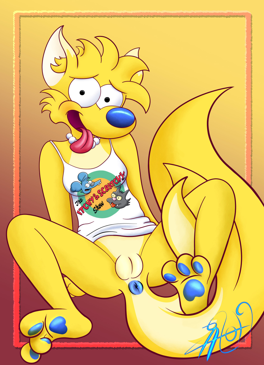 absurd_res anthro anus bottomless breasts canid canine canis clothed clothing domestic_dog female fur hi_res itchy_(the_simpsons) jewelry lisa_simpson lobofeo looking_at_viewer mammal necklace pussy scratchy_(the_simpsons) shirt solo the_simpsons tongue tongue_out topwear yellow_fur