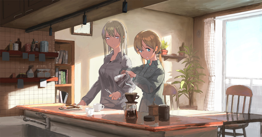 2girls alternate_costume aqua_eyes bangs blonde_hair blue_eyes book bookshelf bottle bread breakfast breasts buttons cabinet chair clock coffee coffee_cup coffee_pot collared_shirt commentary counter cup curtains disposable_cup faucet food fried_egg fried_egg_on_toast fujibejifu graf_zeppelin_(kantai_collection) grey_eyes grey_shirt hair_between_eyes holding_pot indoors iron_cross kantai_collection long_hair long_sleeves low_twintails multiple_girls plant plate potted_plant prinz_eugen prinz_eugen_(kantai_collection) railing shadow shirt sidelocks sink smile steam sticky_note table tree twintails wall_clock window