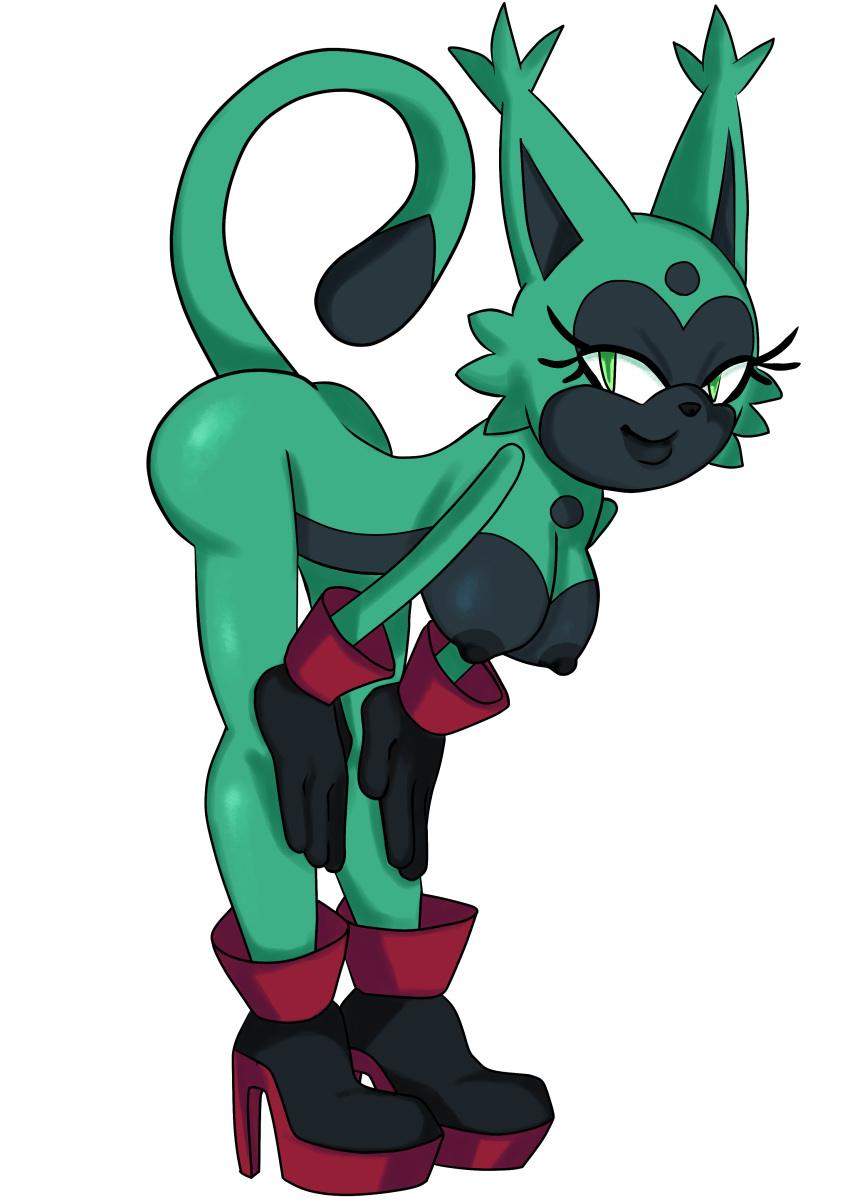 absurd_res anthro breasts clothing fan_character felid feline female footwear fur green_fur hi_res high_heels mammal nipples saltwatertoffee shoes solo sonic_(series) water_the_cat