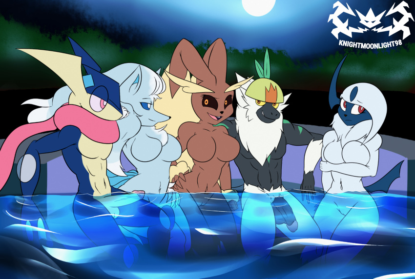 2019 absol alolan_ninetales amphibian anthro anthrofied balls belly big_breasts black_balls black_penis black_sclera blue_eyes breasts canid canine claws digital_media_(artwork) erection felid feline female fur glans greninja group hair hi_res horn hot_tub humanoid_hands humanoid_penis knightmoonlight98 lagomorph long_tongue lopunny male male/female mammal moon multi_tail night ninetales nintendo nude open_mouth outside passimian penis pink_glans pok&eacute;mon pok&eacute;mon_(species) primate pussy red_eyes regional_variant smile tongue video_games water white_fur yellow_balls yellow_penis