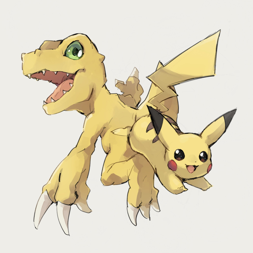 agumon claws creatures_(company) digimon digimon_adventure game_freak gen_1_pokemon green_eyes highres looking_at_viewer male_focus nintendo no_humans pikachu pokemon pokemon_(creature) pokemon_(game) simple_background smile super_smash_bros. takase_(takase1214)