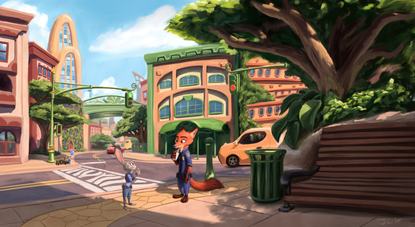2019 absurd_res anthro building canid canine clothed clothing cloud detailed_background disney female fox fur hi_res jaskenator7000 judy_hopps lagomorph leporid long_ears male mammal nick_wilde outside rabbit tree vehicle zootopia