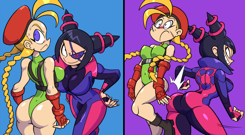 2girls ass big_breasts black_hair blonde_hair blush boots breasts butt butt_smack cammy_white capcom dudou evil_eyes evil_grin evil_smile eyebrows eyepatch female female/female female_focus gauntlets green_leotard hair hand_on_hip highres impact juri_han leotard looking_at_another looking_away motion_lines nail_polish nervous painted_nails pigtails pointy_nose scar sexually_suggestive shenanimation shocked street_fighter sweat sweat_pants thick tight_clothing two_panel_image video_games wide-eyed