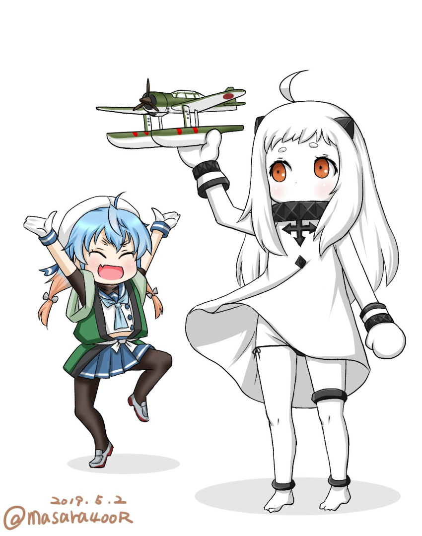 2girls ahoge aircraft airplane barefoot black_legwear black_panties blonde_hair blue_hair blue_neckwear blue_skirt covered_mouth dated dress e16a_zuiun eyes_closed fang full_body gloves gradient_hair happi highres horns japanese_clothes kantai_collection long_hair masara_(masalucky2010) mittens multicolored_hair multiple_girls neckerchief northern_ocean_hime open_mouth orange_eyes panties pantyhose pleated_skirt sado_(kantai_collection) school_uniform serafuku shinkaisei-kan shirt side-tie_panties simple_background skin_fang skirt sleeveless sleeveless_dress sleeveless_shirt smile twitter_username underwear white_background white_dress white_gloves white_hair white_skin