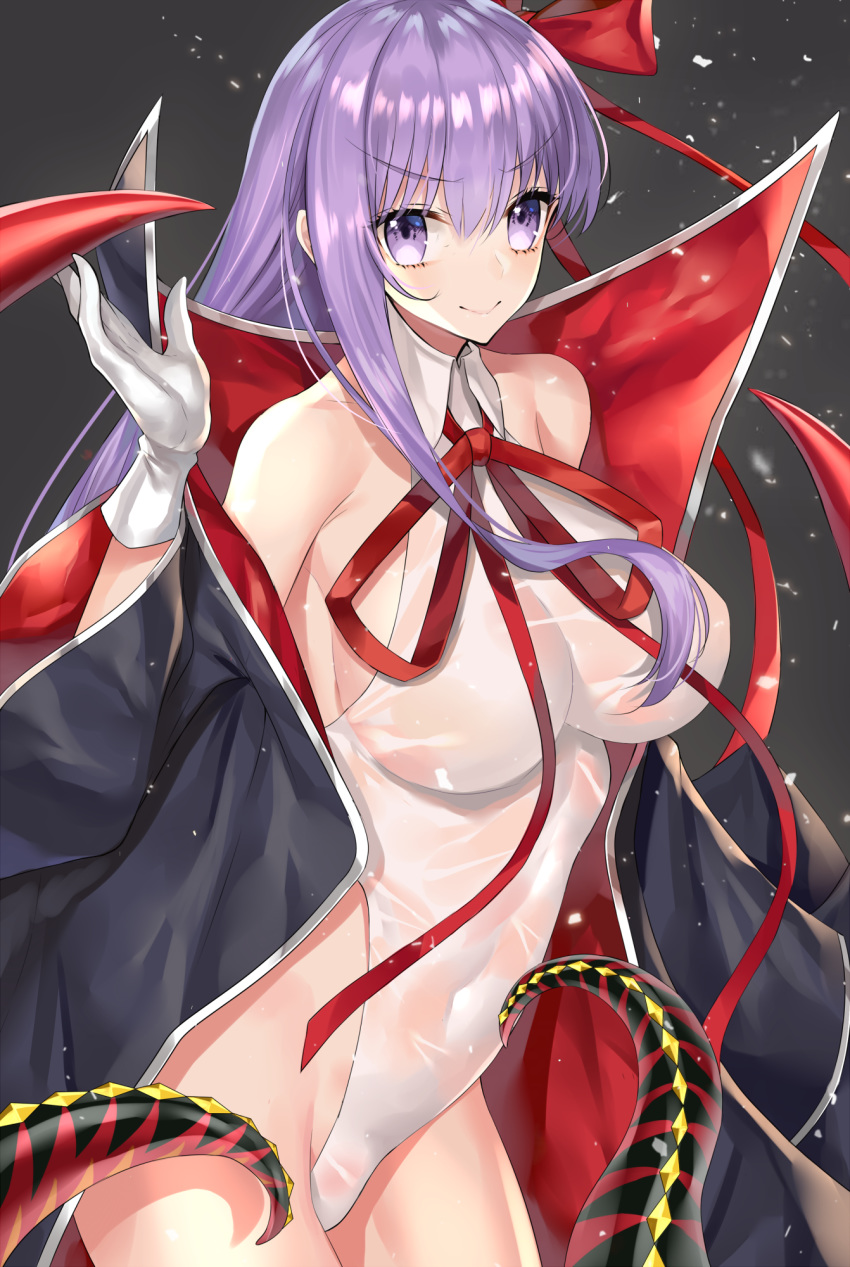 1girl bangs bare_shoulders bb_(fate)_(all) bb_(swimsuit_mooncancer)_(fate) black_coat blush breasts closed_mouth coat covered_navel ero_waifu fate/grand_order fate_(series) gloves grey_background hair_between_eyes hair_ribbon highleg highleg_leotard highres large_breasts leotard long_hair long_sleeves looking_at_viewer neck_ribbon open_clothes open_coat popped_collar purple_eyes purple_hair red_ribbon ribbon smile solo tentacle very_long_hair wet white_gloves white_leotard