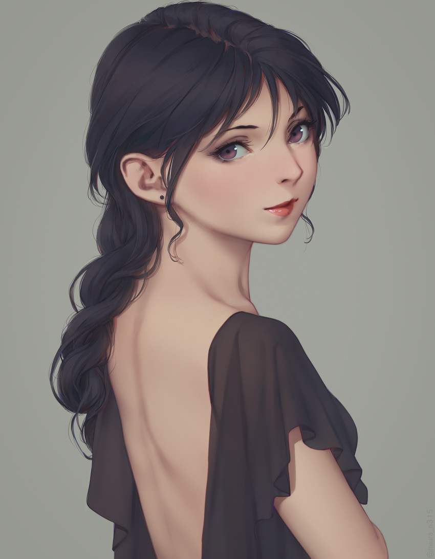 1girl backless_dress backless_outfit bangs black_dress black_hair brown_eyes dress earrings from_behind grey_background highres jewelry kobayakawa_miyuki lips long_hair looking_at_viewer looking_back miura-n315 smile solo upper_body you're_under_arrest