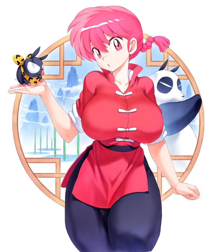 1girl alternate_breast_size braid breasts character_request chinese_clothes genderswap genderswap_(mtf) highres huge_breasts mogudan panda pig pink_eyes pink_hair ranma-chan ranma_1/2 saotome_genma saotome_ranma single_braid tagme tangzhuang wide_hips