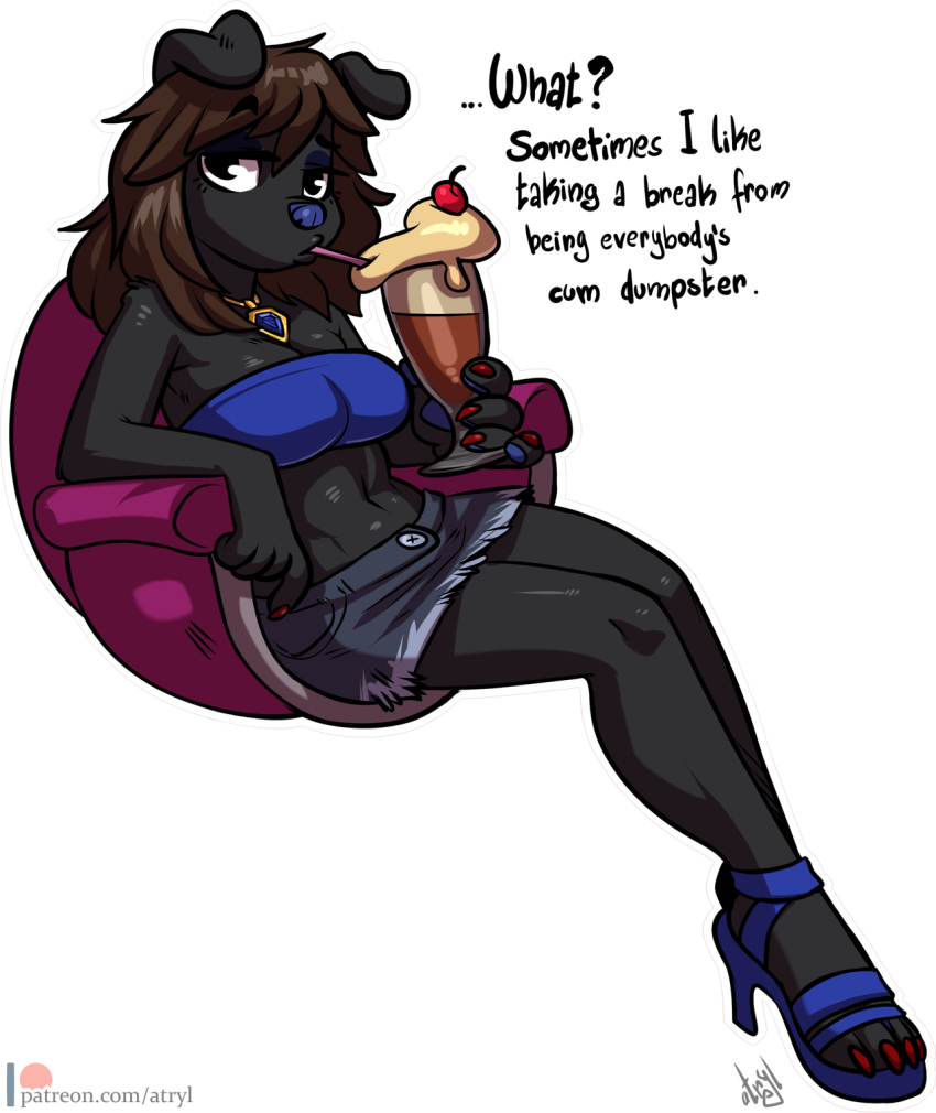 2019 anthro atryl beverage breasts canid canine canis clothed clothing dessert digital_media_(artwork) domestic_dog female food footwear hi_res high_heels hindpaw ice_cream looking_at_viewer mammal mox_sapphire paws rootbeer sherri_mayim shoes simple_background thick_thighs