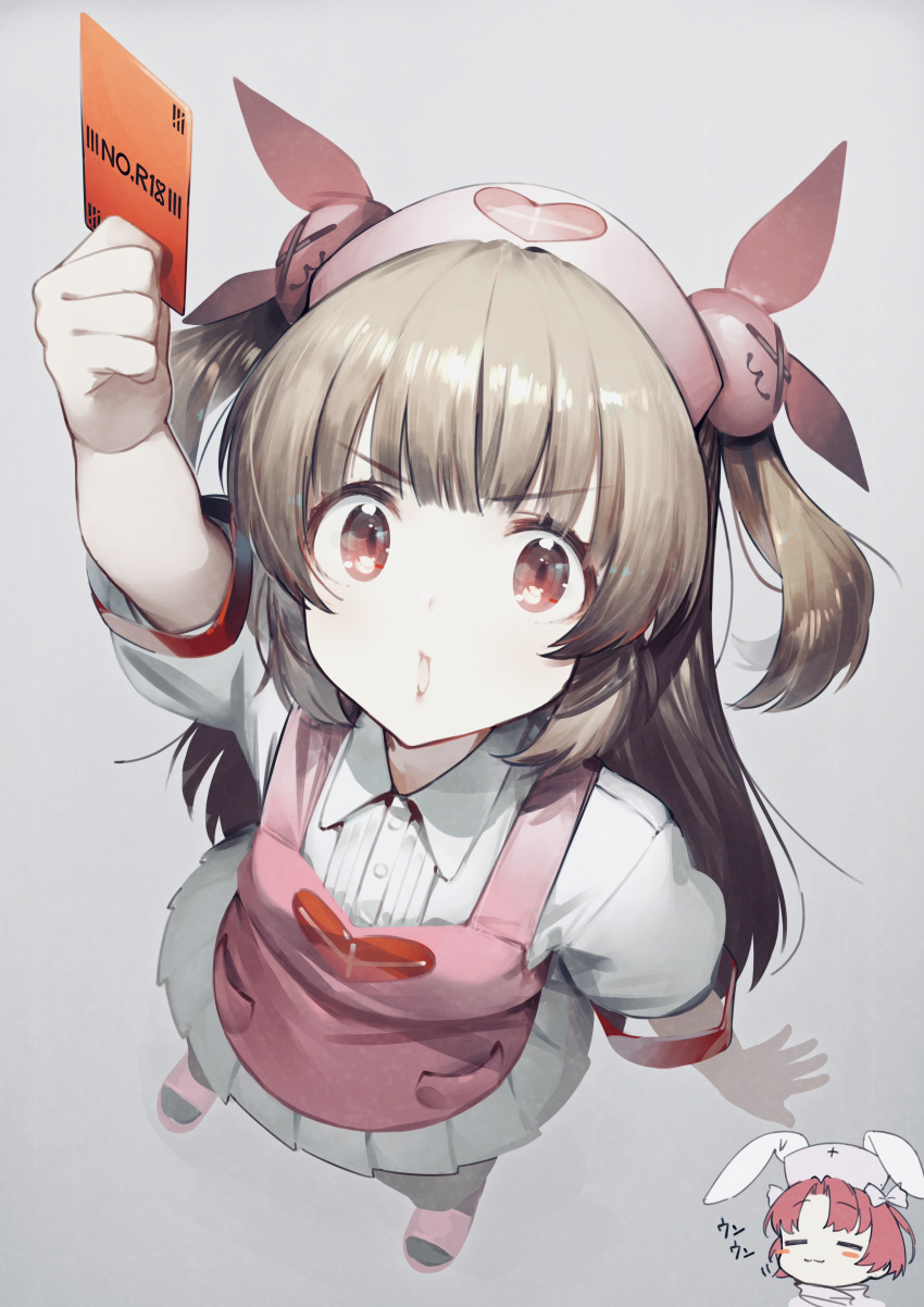 &gt;_&lt; 2girls :3 =_= absurdres animal_ears apron arm_up armband bangs black_legwear blush blush_stickers brown_hair bunny_ears bunny_hair_ornament closed_mouth collared_shirt commentary_request eyebrows_visible_through_hair eyes_closed foreshortening from_above full_body grey_background hair_ornament hat heart highres holding izuru_(timbermetal) long_hair looking_at_viewer multiple_girls nakahara_komugi natori_sana nurse_cap nurse_witch_komugi-chan pantyhose parted_lips pink_apron pink_footwear pink_hair pink_headwear pleated_skirt puffy_short_sleeves puffy_sleeves red_eyes sana_channel sandals shirt short_sleeves simple_background skirt solo_focus standing two_side_up v-shaped_eyebrows very_long_hair virtual_youtuber white_shirt white_skirt