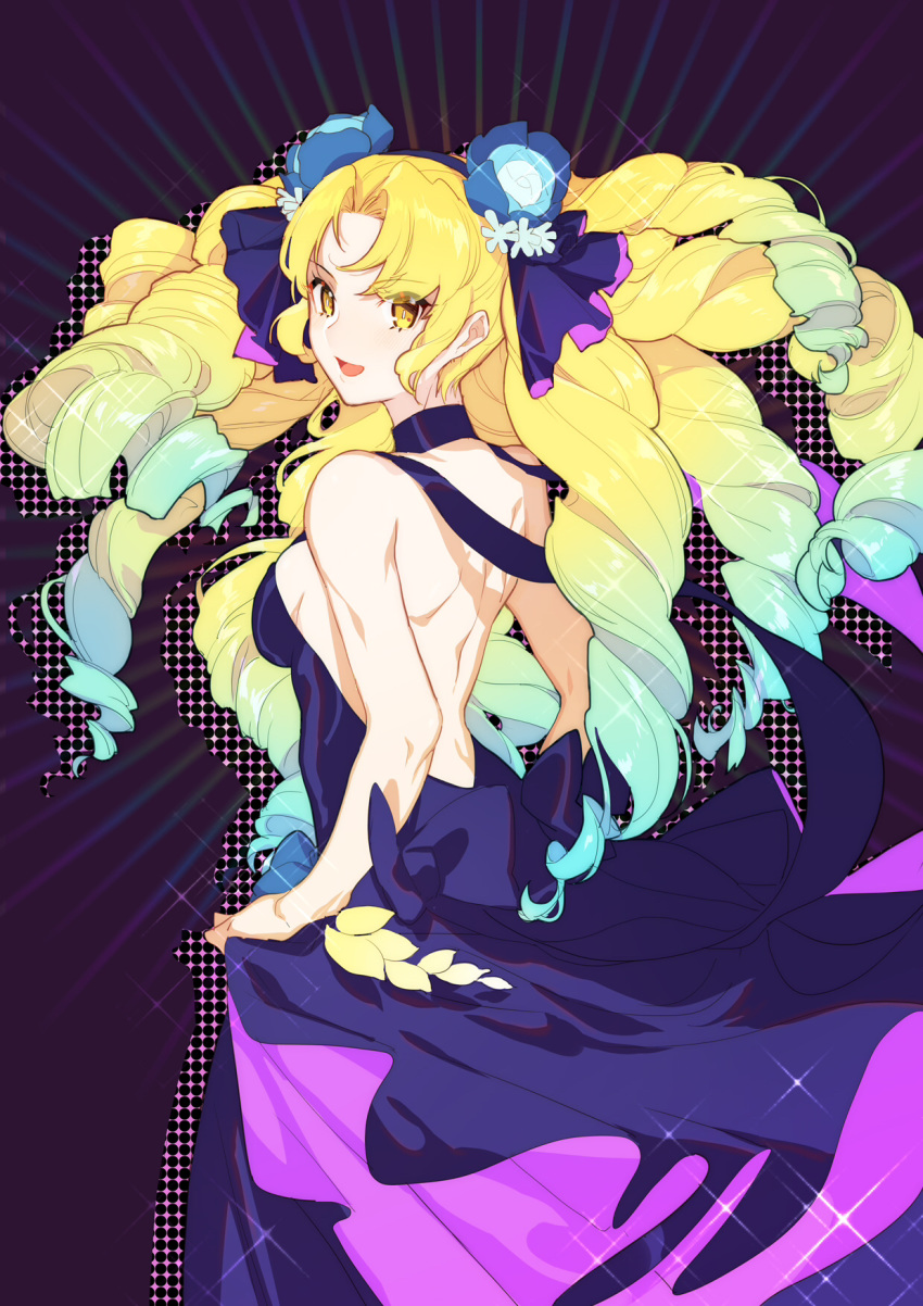 1girl astraea_(fate/grand_order) backless_dress backless_outfit blonde_hair blue_hair bow chirlley dress drill_hair fate/grand_order fate_(series) flower from_behind gradient_hair highres long_hair looking_at_viewer luviagelita_edelfelt multicolored_hair sparkle very_long_hair yellow_eyes