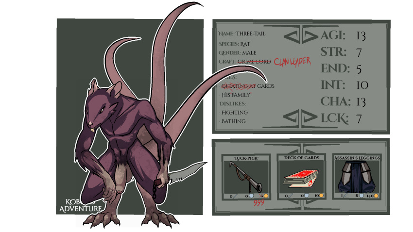 16:9 2019 3_tails 4_toes 5_fingers alpha_channel anthro big_feet biped brown_fur buckteeth clothing crouching digital_media_(artwork) dirty english_text fur hi_res humanoid_penis knife kobold_adventure male mammal model_sheet multi_tail murid murine notched_ear nude pants penis quitetricky rat rodent simple_background solo standing story story_in_description teeth text three-tail_(kobold_adventure) toes transparent_background uncut video_games