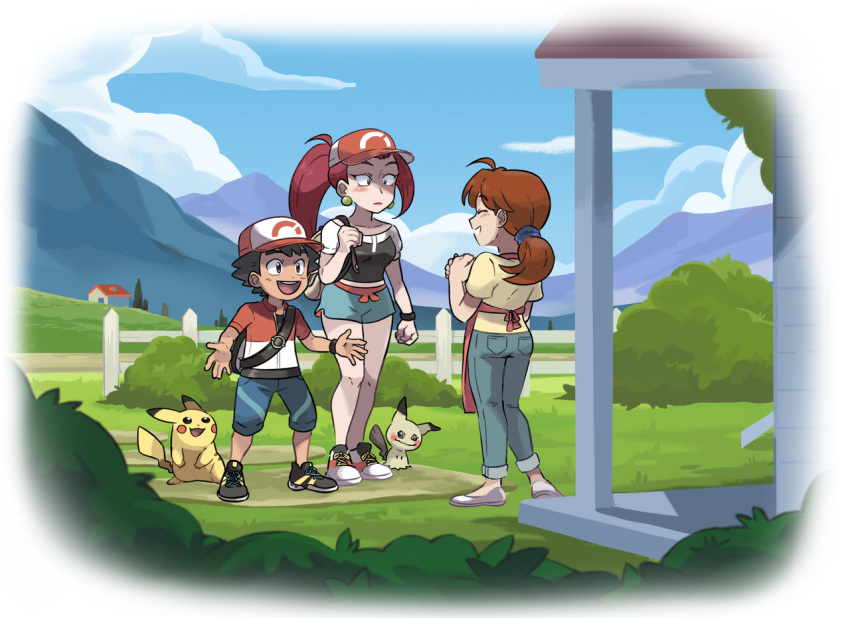 1boy 2girls alternate_universe apron ayumi_(pokemon) ayumi_(pokemon)_(cosplay) baseball_cap black_hair blue_sky blush brown_hair bush cloud cloudy_sky commentary cosplay creatures_(company) denim english_commentary eyes_closed game_freak gen_1_pokemon gen_7_pokemon hanako_(pokemon) hat house jeans kakeru_(pokemon) kakeru_(pokemon)_(cosplay) kiana_mai mimikyu mother_and_son multiple_girls musashi_(pokemon) nintendo pants pikachu pokemon pokemon_(anime) pokemon_(creature) pokemon_(game) pokemon_lgpe ponytail red_hair satoshi_(pokemon) shoes shorts sky sneakers yuri