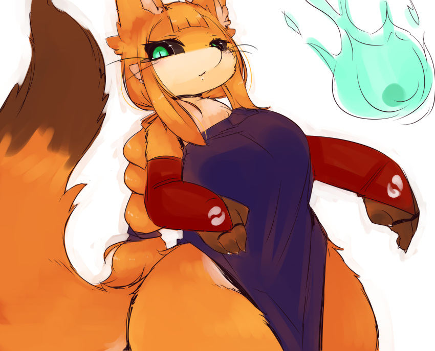 anthro armwear big_breasts black_sclera breasts bridal_gauntlets canid canine chinese_clothing chinese_dress chipar claws clothing dipstick_tail dress female fluffy fox fur green_eyes hair hi_res kemono long_hair looking_at_viewer mammal multicolored_tail orange_fur orange_hair ponytail simple_background slit_pupils solo standing thick_thighs voluptuous whiskers white_background wide_hips will-o-wisp