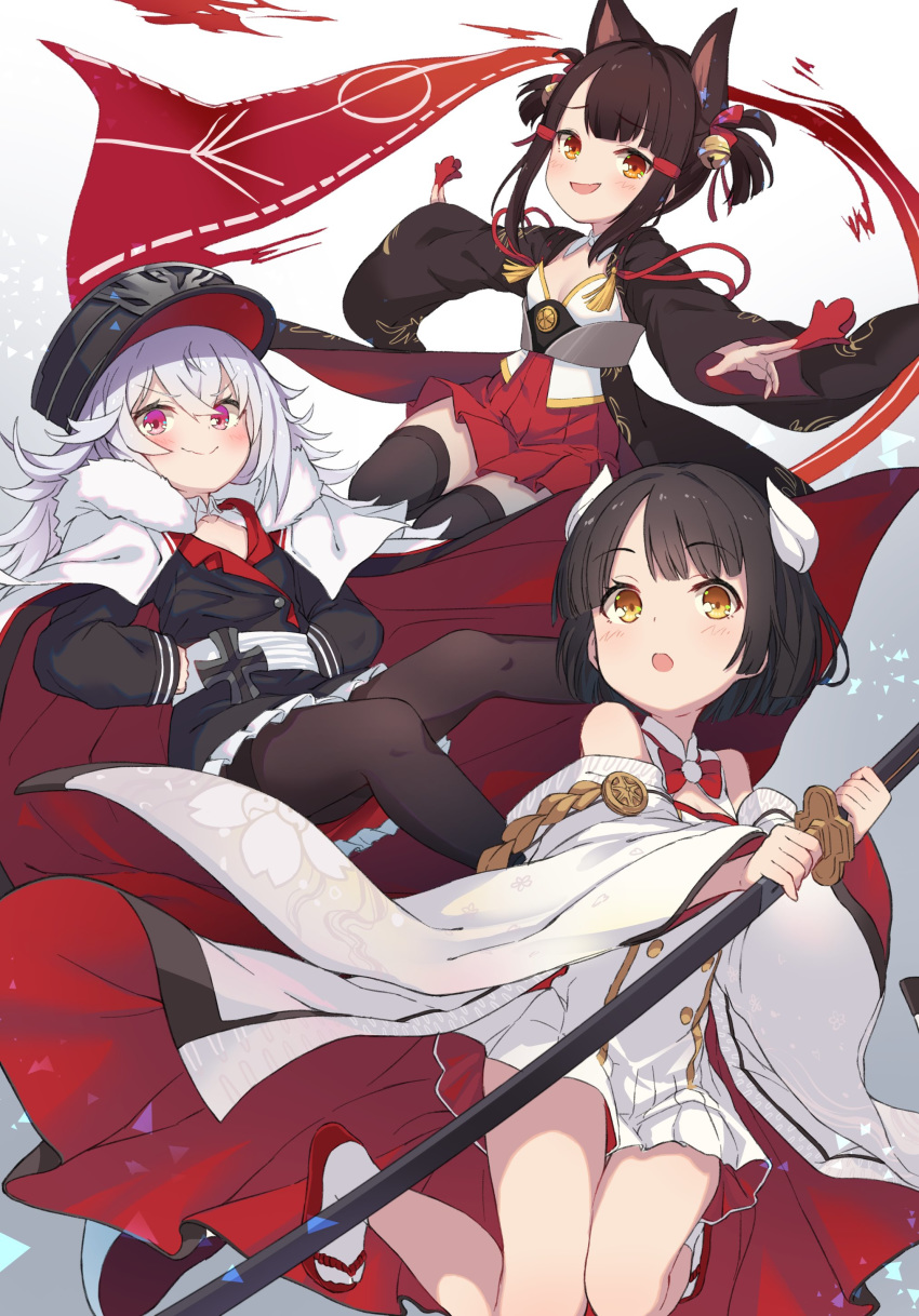 3girls absurdres akagi-chan_(azur_lane) akagi_(azur_lane) animal_ears azur_lane bare_shoulders bell black_hair black_legwear blush breasts cape closed_mouth commentary detached_sleeves dress english_commentary eyebrows_visible_through_hair flat_chest fox_ears graf_zeppelin_(azur_lane) grey_hair hair_bell hair_ornament hairclip hands_on_hips hat hiei-chan_(azur_lane) hiei_(azur_lane) highres horns iron_cross japanese_clothes jingle_bell katana long_hair long_sleeves looking_at_viewer multiple_girls neme1228 orange_eyes pantyhose pink_eyes pleated_skirt purple_eyes sandals shikigami short_dress short_hair sidelocks simple_background skirt slippers small_breasts smile smug socks sword tassel thighhighs v-shaped_eyebrows weapon white_background white_dress white_legwear wide_sleeves yellow_eyes younger zeppelin-chan_(azur_lane) zettai_ryouiki