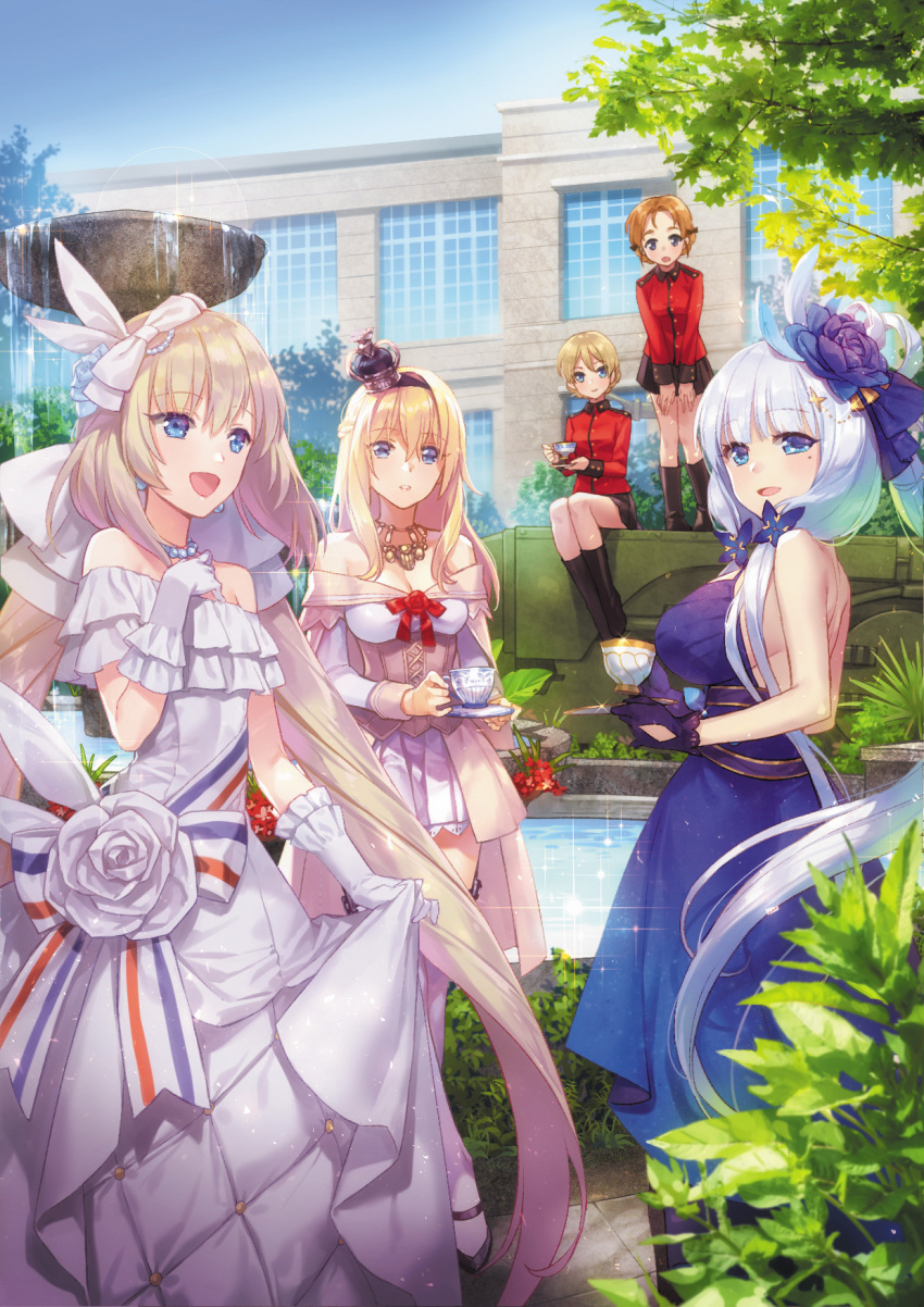 5girls azur_lane bangs bare_shoulders bead_necklace beads black_footwear black_legwear black_neckwear black_skirt blonde_hair blue_dress blue_eyes blue_flower blue_rose blush boots bow braid breasts chair cleavage closed_mouth corset crossover crown cup darjeeling demmy dress dress_shirt earrings emblem eyebrows_visible_through_hair fate/grand_order fate_(series) flower french_braid frilled_dress frilled_gloves frills garter_straps girls_und_panzer gloves hair_between_eyes hair_bow hair_flower hair_ornament hairband hands_up high_heels highres illustrious_(azur_lane) illustrious_(never-ending_tea_party)_(azur_lane) jacket jewelry kantai_collection kneehighs lace lace-trimmed_legwear large_breasts light_particles long_dress long_hair long_sleeves looking_at_viewer marie_antoinette_(fate/grand_order) military military_uniform mini_crown miniskirt mole mole_under_eye multiple_crossover multiple_girls necklace off-shoulder_dress off_shoulder orange_hair orange_pekoe parted_bangs parted_lips pleated_skirt red_flower red_jacket red_ribbon red_rose ribbon rose school_uniform shirt shoes short_hair sidelocks silver_hair sitting skirt smile st._gloriana's_military_uniform tareme tea tea_party teacup teapot thighhighs tied_hair twin_braids twintails uniform v-neck warspite_(kantai_collection) white_bow white_dress white_flower white_gloves white_hair white_legwear white_rose