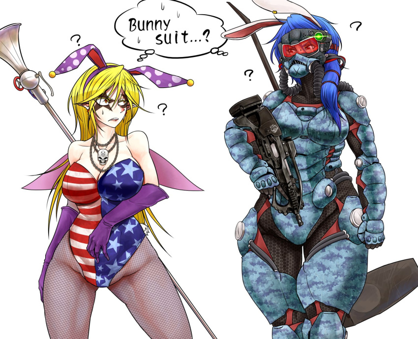 2girls ? alternate_costume american_flag animal_ears armor bare_shoulders blonde_hair blue_armor blue_hair bodysuit breasts bunny_ears bunny_tail bunnysuit chain_necklace cleavage clownpiece collarbone colored_eyelashes commentary_request cowboy_shot earrings elbow_gloves english_text eyeliner facial_tattoo fairy_wings fake_animal_ears fake_tail fishnet_pantyhose fishnets frown gas_mask gloves gun gun_request hairband highres jewelry large_breasts leotard long_hair looking_at_another makeup mallet medium_hair multiple_girls orange_eyes pale_skin pantyhose parted_lips power_armor purple_gloves purple_hairband rebreather red_eyes ryuuichi_(f_dragon) seiran_(touhou) sharp_teeth simple_background skull skull_necklace staff sweat tail tattoo teeth thought_bubble torch_earrings touhou weapon white_background wings