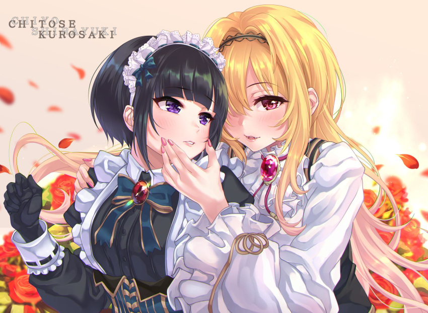 2girls black_gloves black_hair blonde_hair bow character_name commentary fangs flower gem gloves hair_bow hairband hand_on_another's_cheek hand_on_another's_face highres idolmaster idolmaster_cinderella_girls kurosaki_chitose long_hair maid maid_headdress multiple_girls parted_lips petals purple_eyes red_eyes rose rose_petals shirayuki_chiyo short_hair tdnd-96 vampire very_long_hair yuri