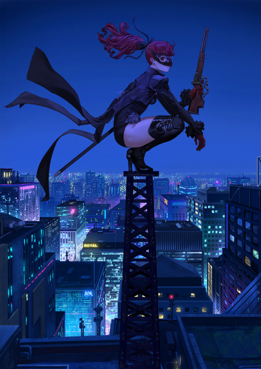 1girl antique_firearm black_bow black_legwear black_leotard bow building city coattails cropped_jacket firearm firelock flintlock frilled_sleeves frills gloves gun hair_bow high_heels highres justin_leyva_(steamy_tomato) leotard looking_at_viewer mask night night_sky persona persona_5 persona_5_the_royal ponytail radio_tower red_eyes red_gloves red_hair rifle rooftop scabbard sheath sky smile solo squatting stiletto_heels thighhighs tower weapon yoshizawa_kasumi