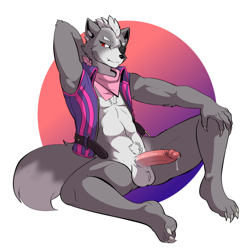 anthro balls canid canine canis erection eye_patch eyewear hi_res humanoid_penis looking_at_viewer male mammal munks_(artist) nintendo open_jacket penis precum pubes retracted_foreskin solo spread_legs spreading star_fox uncut video_games wolf wolf_o'donnell