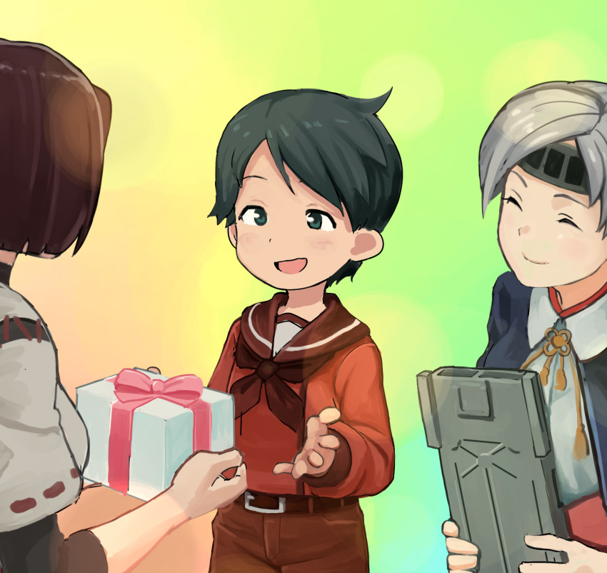 3girls androgynous black_hair black_legwear box brown_eyes brown_sailor_collar brown_shirt brown_shorts chitose_(kantai_collection) commentary_request eyes_closed flight_deck gift gift_box gradient gradient_background grey_hair headband highres hyuuga_(kantai_collection) kancolle_arcade kantai_collection long_hair long_sleeves mizuki_kyouto mogami_(kantai_collection) multiple_girls sailor_collar school_uniform serafuku shirt short_hair shorts smile younger