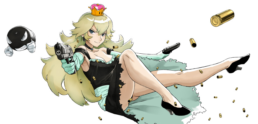 1girl black_dress black_footwear black_panties blonde_hair breasts brooch bullet_bill cleavage clenched_hand dress dual_wielding elbow_gloves gloves gun haraya_manawari high_heels highres holding jewelry long_hair looking_at_viewer mario_(series) nintendo panties shell_casing smoke smoking_gun super_crown teal_gloves underwear weapon