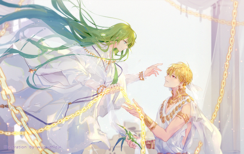 1boy 1other artist_name blonde_hair chains earrings enkidu_(fate/strange_fake) fate/grand_order fate/strange_fake fate_(series) flower gilgamesh green_eyes green_hair jewelry long_hair looking_at_another necklace red_eyes robe smile veil wuzuizhizui