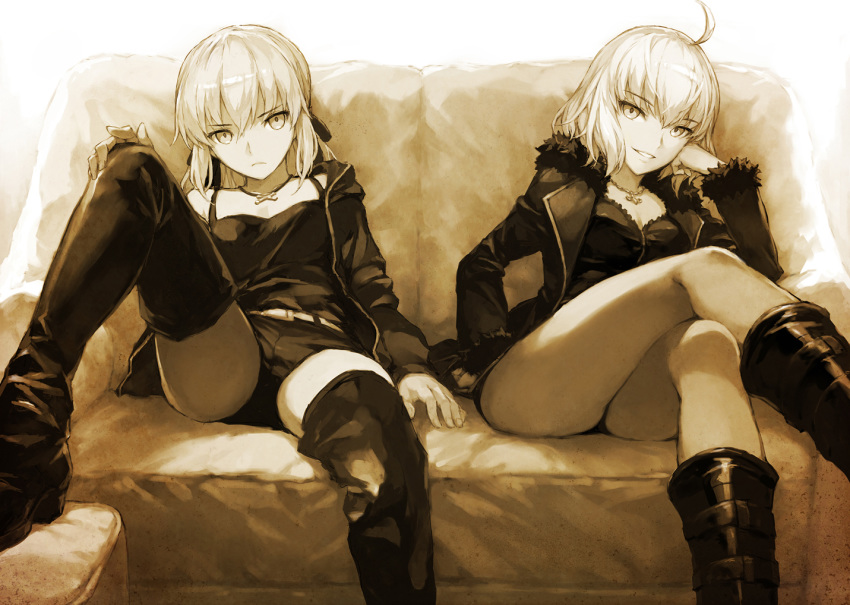 &gt;:( 2girls ahoge arm_at_side artoria_pendragon_(all) bangs belt boots breasts camisole cleavage closed_mouth collarbone couch cross cross_necklace eyebrows_visible_through_hair fate/grand_order fate_(series) fur-trimmed_sleeves fur_trim hair_ribbon hand_in_pocket hand_on_own_cheek hand_on_own_knee jacket jeanne_d'arc_(alter)_(fate) jeanne_d'arc_(fate)_(all) jewelry knee_boots knee_up long_sleeves looking_at_viewer medium_breasts medium_hair monochrome morisawa_haruyuki multiple_girls necklace on_couch open_clothes open_jacket parted_lips reclining ribbon saber_alter sepia serious short_shorts shorts small_breasts thigh_boots thighhighs