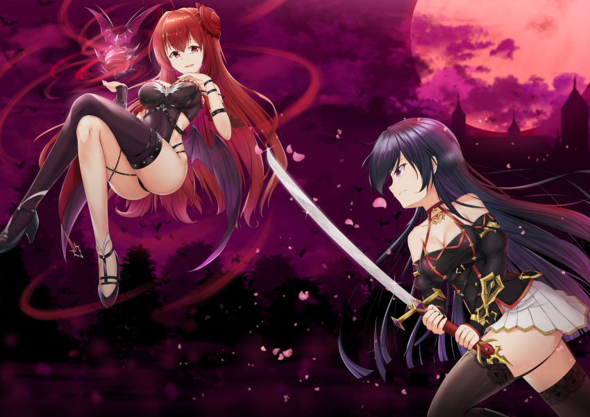 2girls armor ass bare_shoulders black_hair breasts cleavage double_bun erze_(king's_raid) floating forest highres jmc katana king's_raid large_breasts long_hair medium_breasts moon multiple_girls nature orb purple_eyes red_eyes red_hair red_moon seria_(king's_raid) sheath sheathed siblings single_thighhigh sisters smile sword thighhighs thong vampire very_long_hair weapon wings