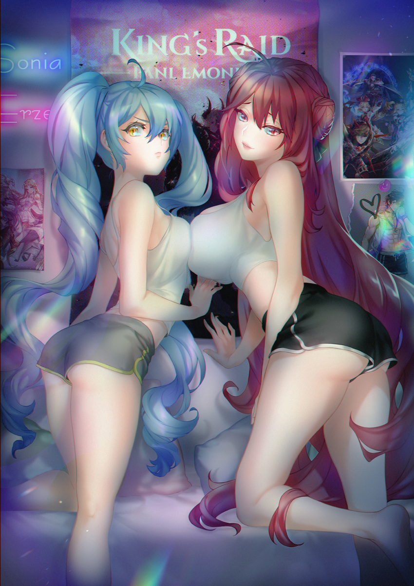 2girls ahoge artist_request ass bare_shoulders blue_hair blush breast_press breasts double_bun erze_(king's_raid) frown highres king's_raid large_breasts long_hair looking_at_viewer medium_breasts multiple_girls open_mouth parted_lips poster red_eyes red_hair short_shorts shorts sideboob smile sonia_(king's_raid) twintails very_long_hair