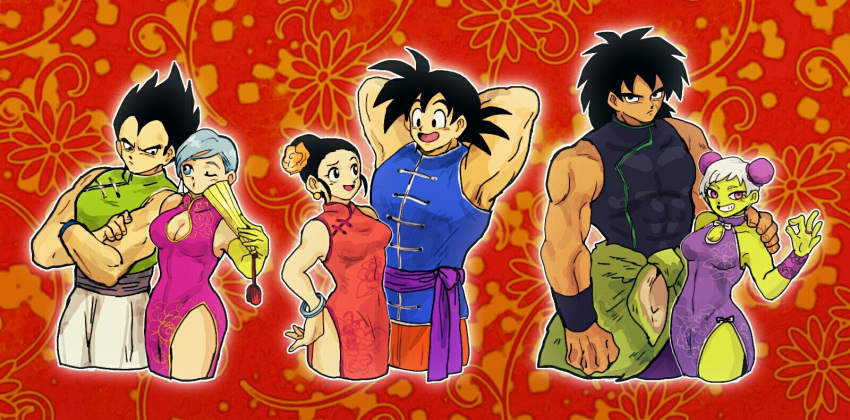 3boys 3girls arm_around_shoulder arm_hug armpits arms_behind_head black_hair blue_hair bracelet breasts broly_(dragon_ball_super) bulma bun_cover cheelai chi-chi_(dragon_ball) china_dress chinese_clothes cleavage cleavage_cutout couple cropped_legs crossed_arms double_bun dragon_ball dragon_ball_super_broly dragonball_z dress floral_background green_skin hair_bun highres jewelry looking_at_another looking_at_viewer multiple_boys multiple_girls muscle ok_sign pelt red_background ring short_hair sleeveless sleeveless_dress smile son_gokuu spiked_hair tan tofu_(tttto_f) vegeta white_hair wristband