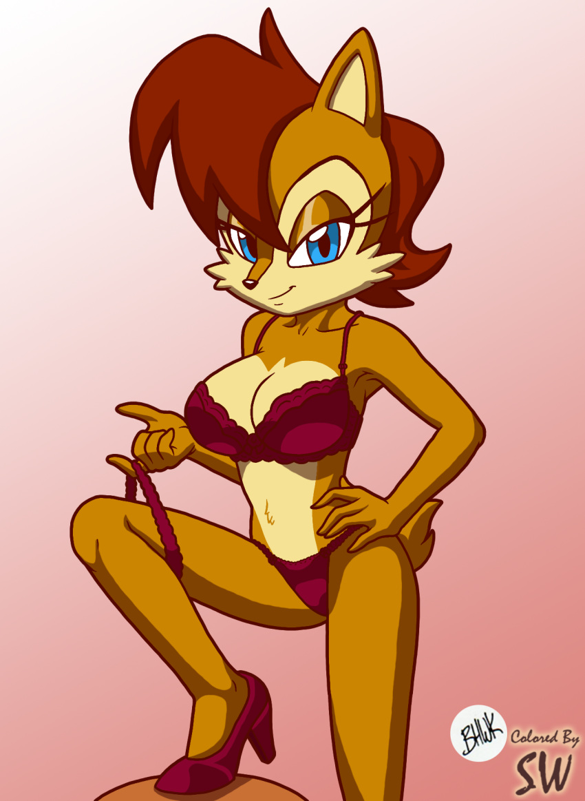 2019 anthro bhawk big_breasts bra breasts chipmunk clothing eyelashes female footwear garter ground_squirrel hi_res high_heels lingerie looking_at_viewer mammal mixed_media navel panties pumps rodent sally_acorn sciurid shadowwalk shoes solo sonic_(series) underwear