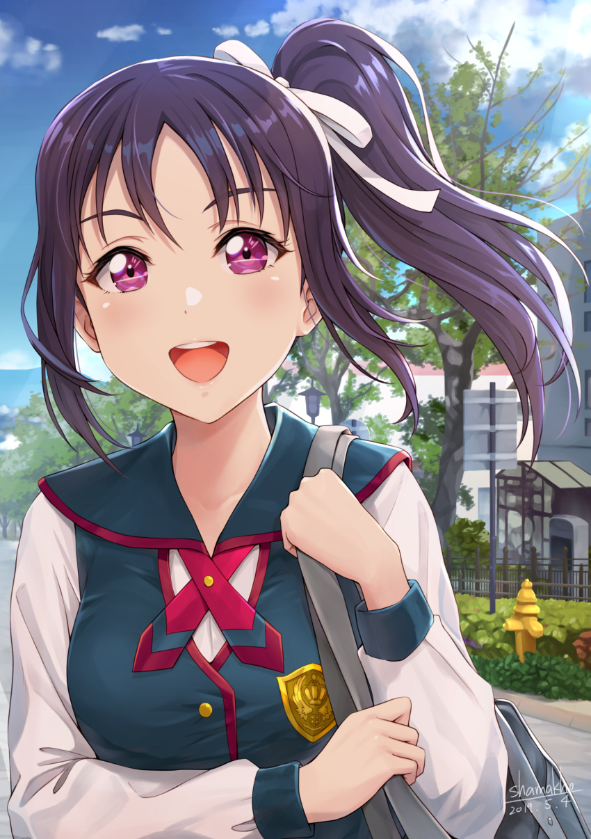 1girl :d artist_name bag blue_skirt blue_vest blush commentary_request dated day emblem fence fire_hydrant hair_ribbon highres kazuno_sarah long_hair long_sleeves looking_at_viewer love_live! love_live!_sunshine!! open_mouth outdoors ponytail purple_eyes purple_hair ribbon road road_sign round_teeth school_uniform shamakho shirt shoulder_bag sidelocks sign skirt smile solo street tail teeth town tree upper_body upper_teeth vest white_ribbon white_shirt