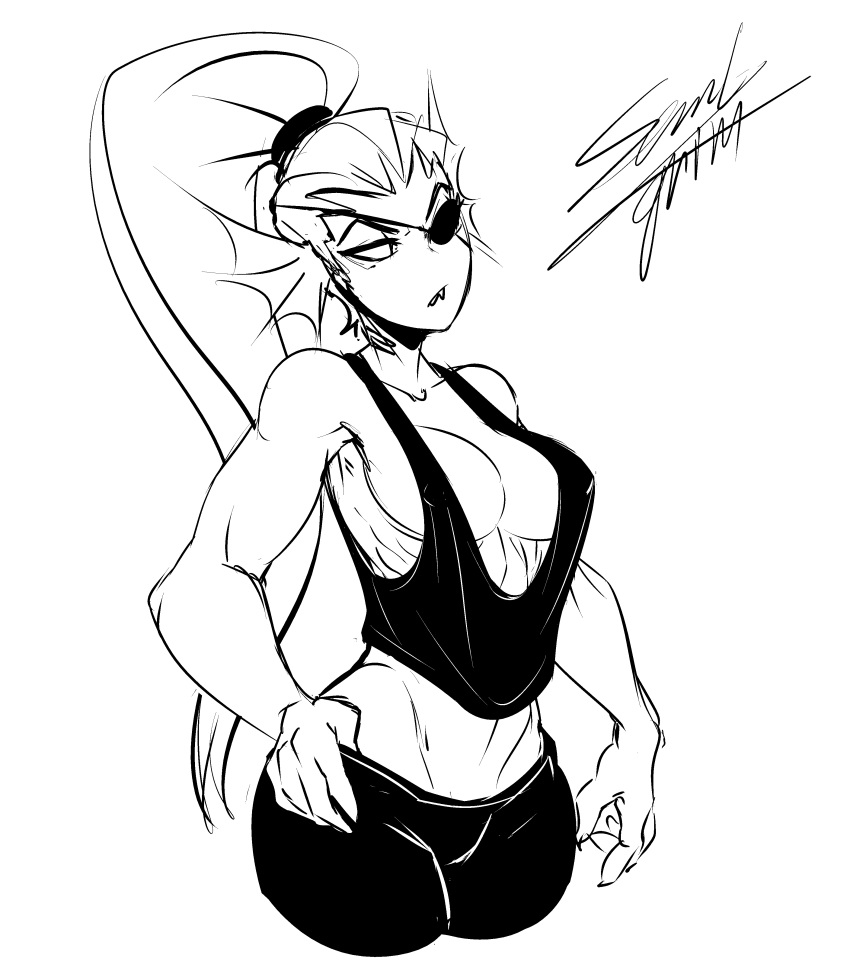 2018 absurd_res black_and_white breasts cleavage clothed clothing collarbone crop_top ear_fins ear_frills eye_patch eyelashes eyewear fangs female fin fish frill front_view gills hair hair_tie hand_on_hip hi_res humanoid long_hair looking_aside low-riding marine medium_breasts monochrome muscular muscular_female nipple_outline pants ponytail sem-l-grim sharp_teeth shirt side_boob signature sketch slit_pupils tank_top teeth thumb_in_pants topwear under_boob undertale undyne video_games yoga_pants