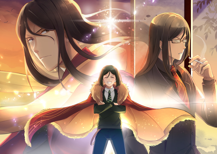 1boy absurdres black-framed_eyewear black_pants brown_hair cape collared_shirt crossed_arms eyes_closed fate/grand_order fate_(series) floating_hair fur-trimmed_cape fur_trim glasses green_neckwear green_sweater grin hair_between_eyes highres holding long_hair long_sleeves lord_el-melloi_ii multiple_views necktie outdoors pants parted_lips rectangular_eyewear red_cape red_neckwear sei_(abab40116) shirt smile smole standing striped striped_neckwear sweater very_long_hair waver_velvet white_shirt wing_collar