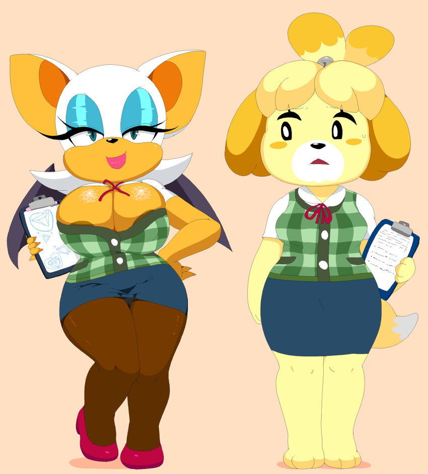 2girls animal_crossing anthro breasts crossover female furry high_heels highres isabelle_(animal_crossing) large_breasts multiple_girls nintendo pantyhose rouge_the_bat sega sonic_(series) sonic_team wings