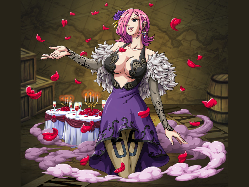 1girl blue_eyes breasts cleavage curvy dress earrings female flower hair_flower hair_ornament hair_over_one_eye headdress high_resolution highres jewelry large_breasts legwear lipstick makeup navel no_bra official_art one_piece petals pink_hair shiny shiny_skin short_hair smile solo stockings stomach vinsmoke_reiju