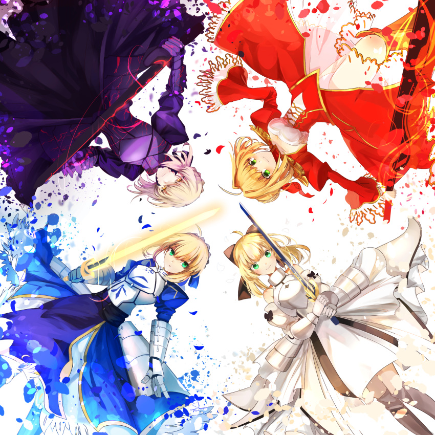 4girls aestus_estus ahoge armor armored_boots armored_dress artoria_pendragon_(all) bare_shoulders black_bow black_dress blonde_hair blue_bow blue_dress blush boots bow braid breasts brown_bow caliburn closed_mouth commentary_request dark_excalibur detached_sleeves dress excalibur facial_mark fate/extra fate/grand_order fate_(series) gauntlets glowing glowing_sword glowing_weapon green_eyes hair_bow hair_bun hair_intakes hair_ribbon highres holding holding_sword holding_weapon juliet_sleeves knee_boots light_brown_hair long_sleeves looking_at_viewer medium_breasts multiple_girls nero_claudius_(fate) nero_claudius_(fate)_(all) parted_lips pekerika puffy_short_sleeves puffy_sleeves red_dress red_ribbon ribbon saber saber_alter saber_lily short_sleeves sidelocks sleeveless sleeveless_dress sleeves_past_wrists small_breasts smile sword weapon white_background white_dress white_sleeves wide_sleeves