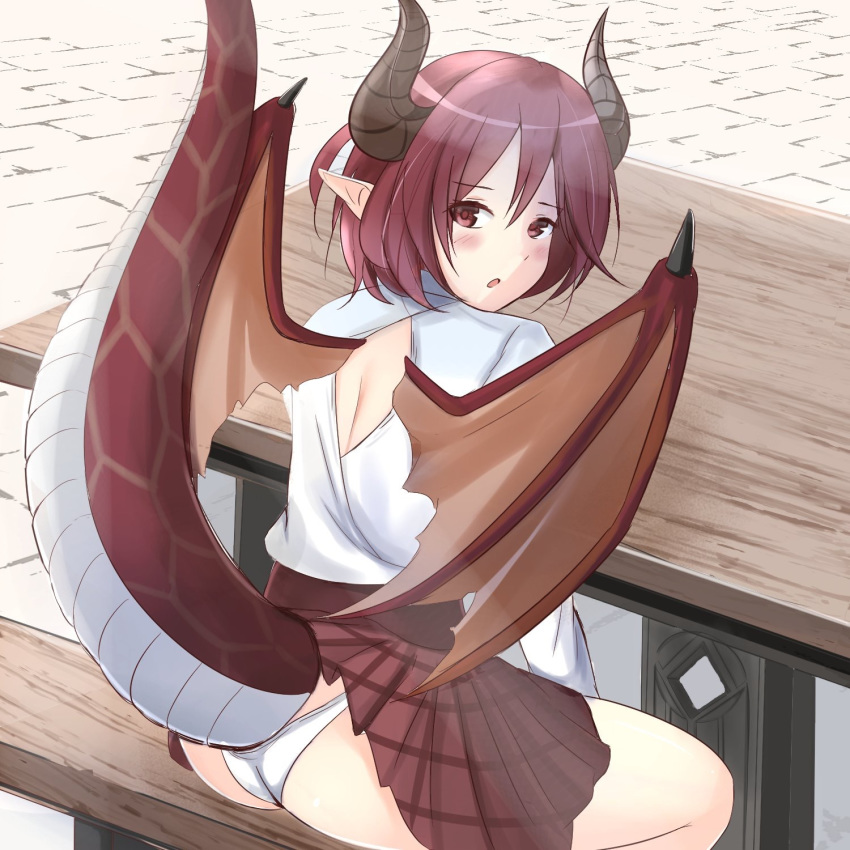 1girl :o ass bench blush commentary_request dragon_horns dragon_tail dragon_wings granblue_fantasy grea_(shingeki_no_bahamut) highres horns looking_back manaria_friends michael_nknkn panties pantyshot pantyshot_(sitting) plaid plaid_skirt pleated_skirt purple_eyes purple_hair short_hair sitting skirt solo table tail underwear white_panties wings