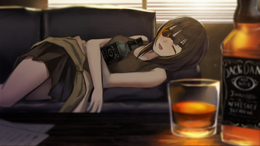 1girl bangs blinds blurry_foreground blush bottle breasts brown_hair clothes_around_waist cup drunk empty eyepatch eyes_closed girls_frontline highres indoors jack_daniel's jacket jacket_around_waist lodbyy long_hair lying m16a1_(girls_frontline) mole mole_under_eye multicolored_hair object_hug on_side scar skirt smile solo streaked_hair tank_top window