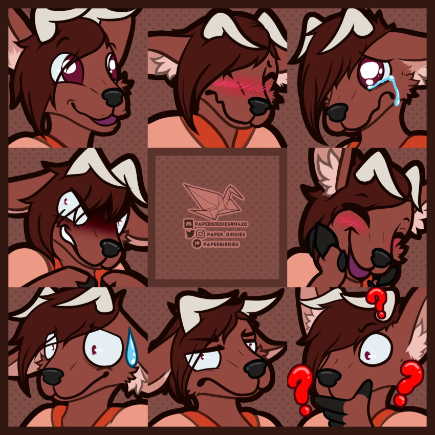 2021 angry annoyed anthro antlers blush bodily_fluids brown_background brown_body brown_eyes brown_fur brown_hair bust_portrait cheek_tuft clothing confusion crying digital_drawing_(artwork) digital_media_(artwork) ed_(scratch21) embarrassed eyes_closed facial_tuft frown fur grin hair half-closed_eyes happy hi_res hooves horn inner_ear_fluff male narrowed_eyes paper_birdies pattern_background portrait raised_arm raised_arms sad scratch21 signature simple_background smile solo sweat tears topwear tuft worried