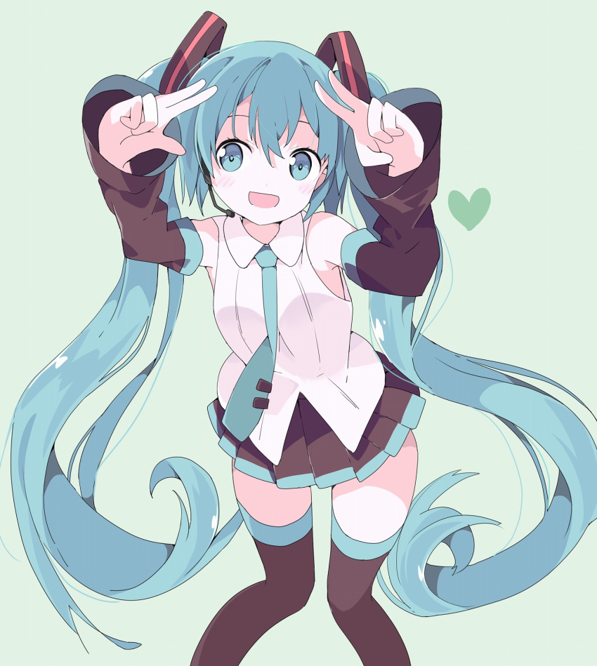 1girl :d arms_up bangs black_legwear black_skirt black_sleeves blush collared_shirt detached_sleeves eyebrows_behind_hair green_background green_eyes green_hair green_neckwear hair_between_eyes hair_ornament hatsune_miku heart highres long_hair long_sleeves necktie open_mouth pleated_skirt shirt simple_background skirt sleeveless sleeveless_shirt smile solo tantan_men_(dragon) thighhighs tie_clip twintails very_long_hair vocaloid white_shirt