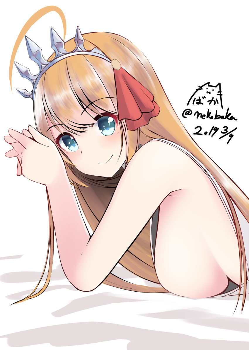 1girl ahoge arms_up bangs bare_arms bare_shoulders bed_sheet blue_eyes blush breasts closed_mouth commentary_request dated dress eyebrows_visible_through_hair hair_between_eyes hair_ribbon hands_together highres large_breasts light_brown_hair long_hair looking_at_viewer looking_to_the_side nekobaka own_hands_together pecorine princess_connect! princess_connect!_re:dive red_ribbon ribbon sideboob signature sleeveless sleeveless_dress smile solo tiara twitter_username upper_body very_long_hair white_dress