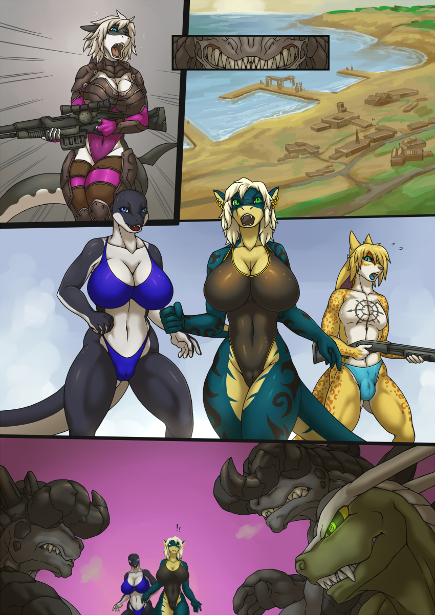 absurd_res anthro armor beach big_breasts bikini blue_eyes breasts bulge camel_toe cetacean cheetah claws cleavage clothed clothing comic deathclaw delphinoid ear_piercing elbow_fin fallout fangs felid feline female fish floppy_ears green_eyes group gun hair hi_res holding_object holding_weapon horn imminent_rape link2004 long_ears male male/female mammal marine midriff navel oceanic_dolphin one-piece_swimsuit open_mouth orca outside piercing precum_through_clothing pussy ranged_weapon reptile rifle sand scales scalie seaside shark sharp_teeth shotgun sky smile speedo standing swimsuit tattoo teeth tight_clothing tongue toothed_whale video_games water weapon