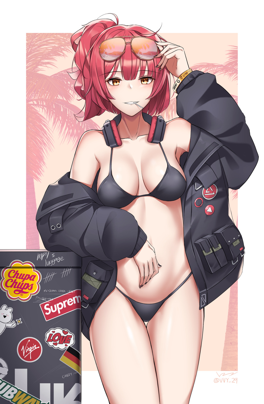 1girl adjusting_eyewear ahoge bangs bikini black_bikini black_coat blush breasts candy coat eyewear_on_head food german_flag girls_frontline grin hair_ornament hat headphones headphones_around_neck highres jacket lollipop looking_at_viewer mouth_hold mp7_(girls_frontline) nail_polish open_clothes open_coat pink_hair red_nails signature smile solo stomach sunglasses swimsuit tinted_eyewear twitter_username vvy weapon_case yellow_eyes