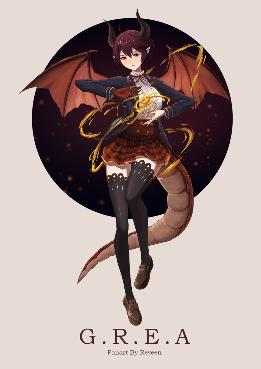 1girl artist_name black_jacket black_legwear blouse character_name dragon_girl dragon_horns dragon_tail dragon_wings fire granblue_fantasy grea_(shingeki_no_bahamut) highres horns jacket looking_at_viewer plaid plaid_skirt pointy_ears purple_hair red_eyes red_skirt reveen school_uniform skirt solo tail thighhighs white_blouse wings zettai_ryouiki