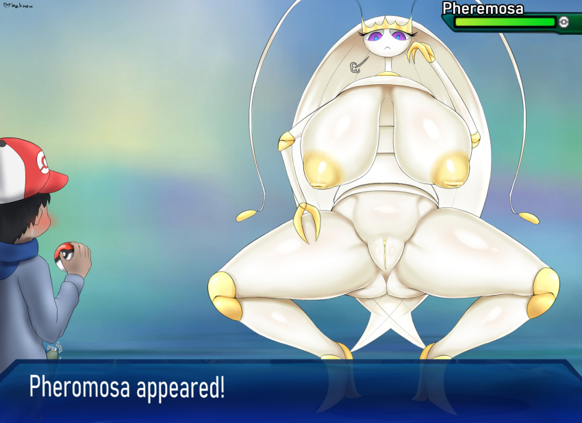 arthropod big_breasts breasts duo female gameplay_mechanics genitals hi_res huge_breasts inverted_nipples male mhaknow nintendo nipples non-mammal_breasts pheromosa pok&eacute;ball pok&eacute;mon pok&eacute;mon_(species) pok&eacute;mon_trainer pussy spread_legs spreading ultra_beast video_games watermark