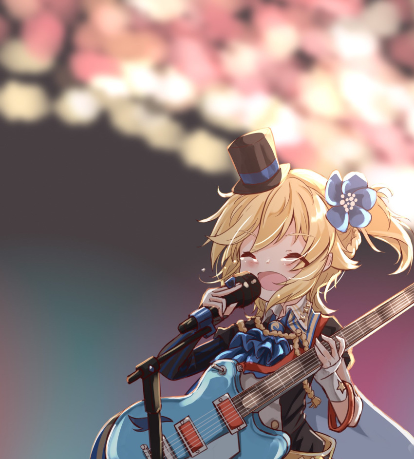 alternate_costume asymmetrical_gloves closed_eyes crying girls_frontline gloves guitar hat highres idol_clothes instrument matsuo_(matuonoie) microphone music nagant_revolver_(girls_frontline) singing solo stage top_hat