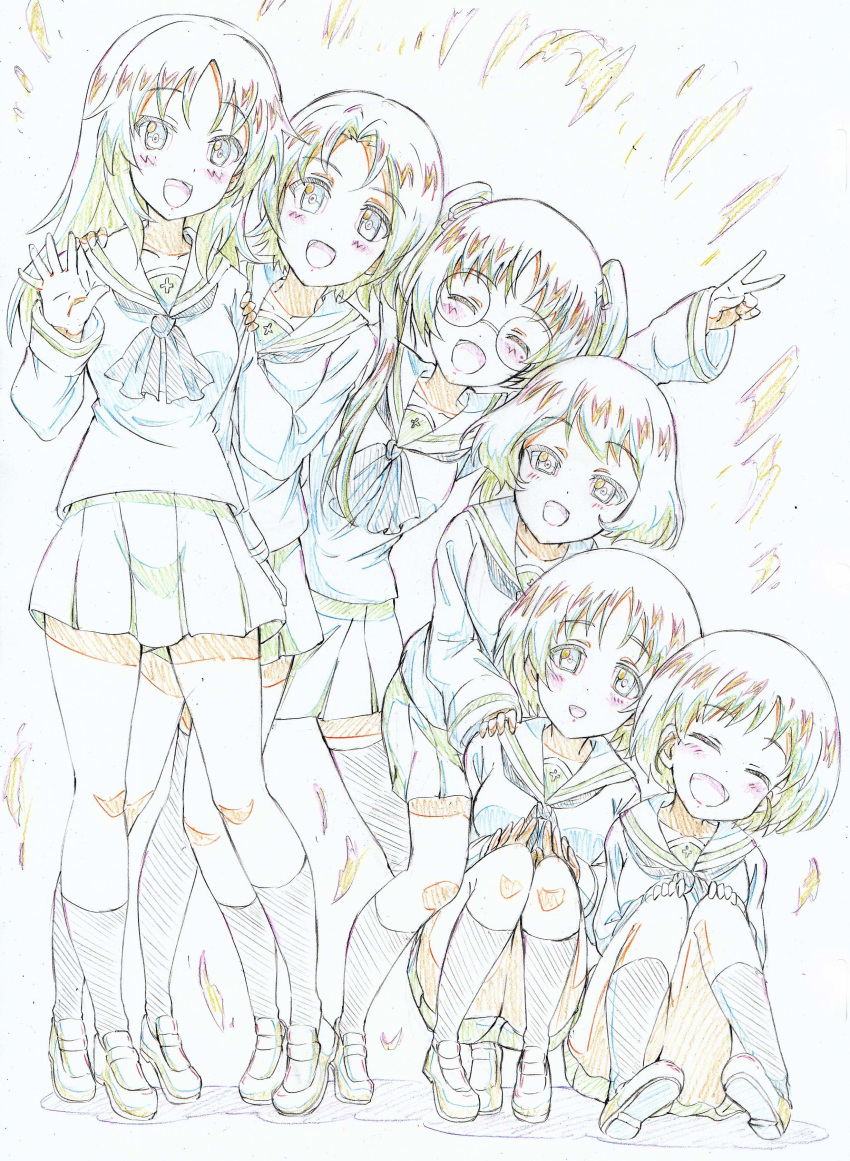 5girls :d absurdres arm_up bangs black_eyes black_hair black_legwear black_neckwear black_ribbon blouse blue_eyes blue_hair brown_eyes brown_footwear brown_hair color_trace colored_pencil_(medium) commentary eyebrows_visible_through_hair freckles girls_und_panzer glasses green_skirt hair_ribbon hands_on_another's_shoulders hands_on_own_knees head_tilt highres kitazinger kneehighs leaning_on_person leaning_to_the_side light_blush loafers long_hair long_sleeves looking_at_viewer maruyama_saki miniskirt multiple_girls neckerchief ooarai_school_uniform oono_aya open_mouth parted_bangs pleated_skirt ribbon round_eyewear sakaguchi_karina sawa_azusa school_uniform serafuku shadow shoes short_hair side-by-side sitting skirt smile socks squatting standing thighhighs traditional_media twintails utsugi_yuuki v waving white_blouse yamagou_ayumi