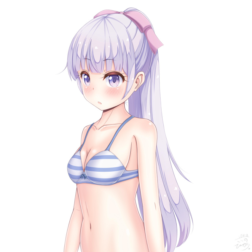 1girl absurdres bangs blush bow bra breasts cleavage collarbone eyebrows_visible_through_hair hair_bow highres long_hair medium_breasts navel new_game! open_mouth pink_bow ponytail purple_eyes sainohikari shiny shiny_hair shiny_skin sideboob silver_hair simple_background solo standing striped striped_bra suzukaze_aoba underwear underwear_only upper_body very_long_hair white_background