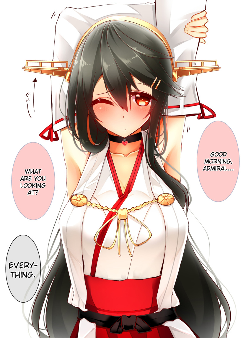 10s 1girl arm_grab armpits arms_up black_hair blush breasts collarbone commentary_request detached_sleeves female hair_ornament hairband hairclip hard_translated haruna_(kantai_collection) headgear highres kantai_collection large_breasts long_hair looking_at_viewer nontraditional_miko one_eye_closed red_eyes ribbon-trimmed_sleeves ribbon_trim simple_background solo translated tsukui_kachou upper_body white_background